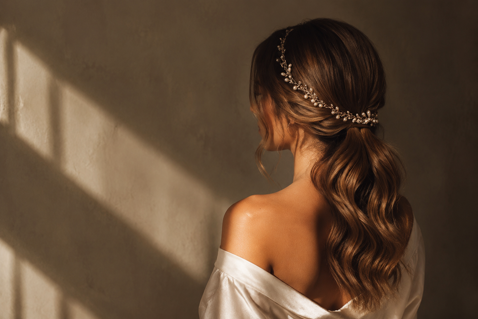 Bride from behind with a soft wavy updo and delicate pearl hairpiece in warm daylight